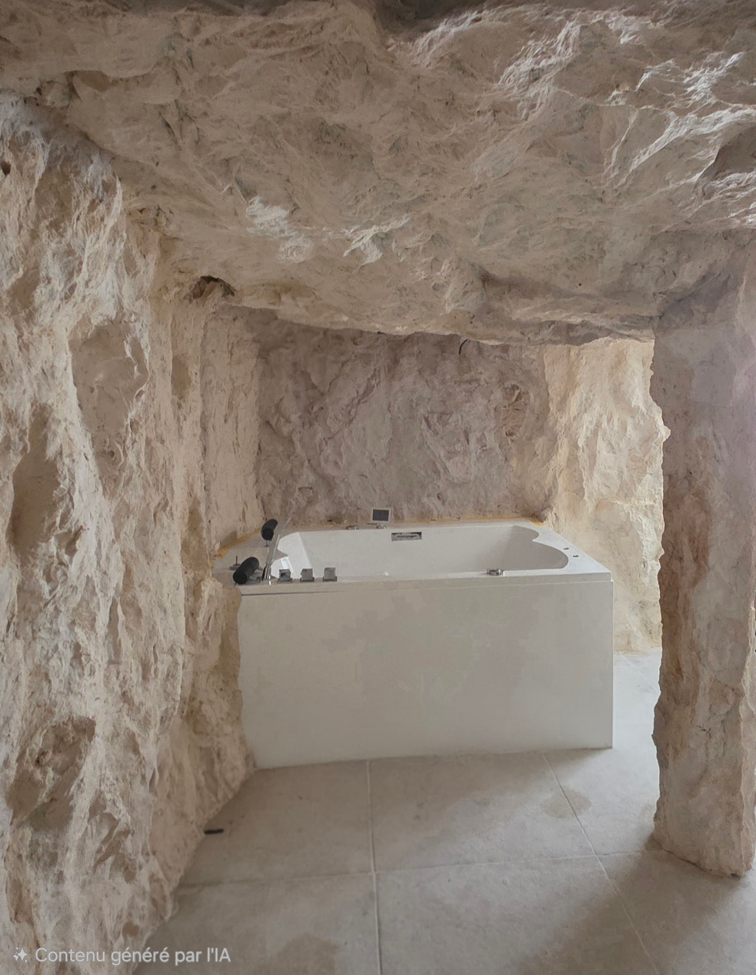 Spa privado bajo una bóveda rocosa – decoración de roca interior en rocas artificiales esculpidas a mano, alquiler vacacional de alta gama en Var