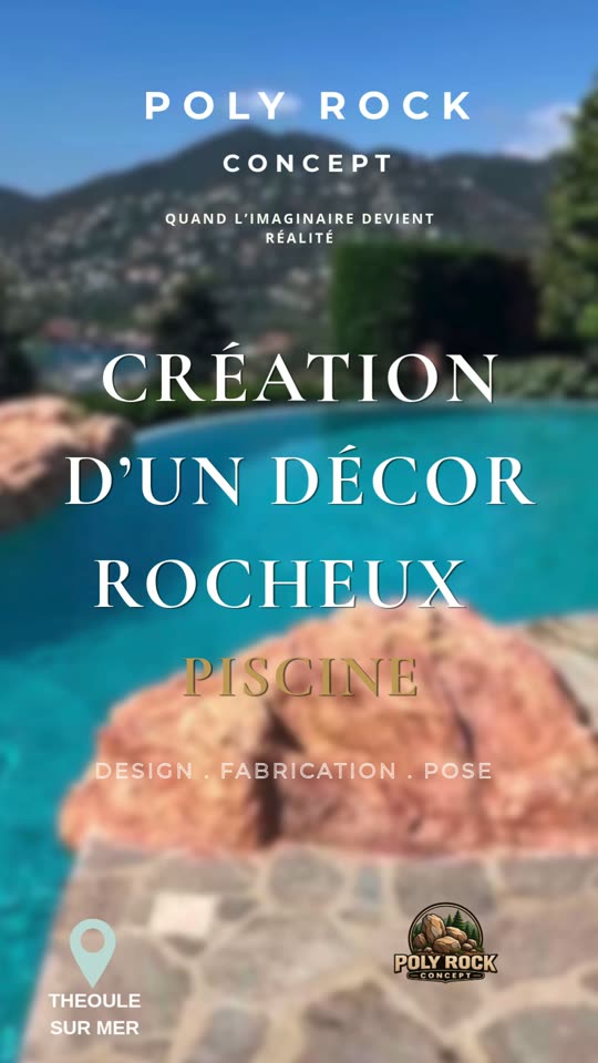 Couverture vidéo – décor rocheux en faux rochers polyester autour d'une piscine, Côte d'Azur
