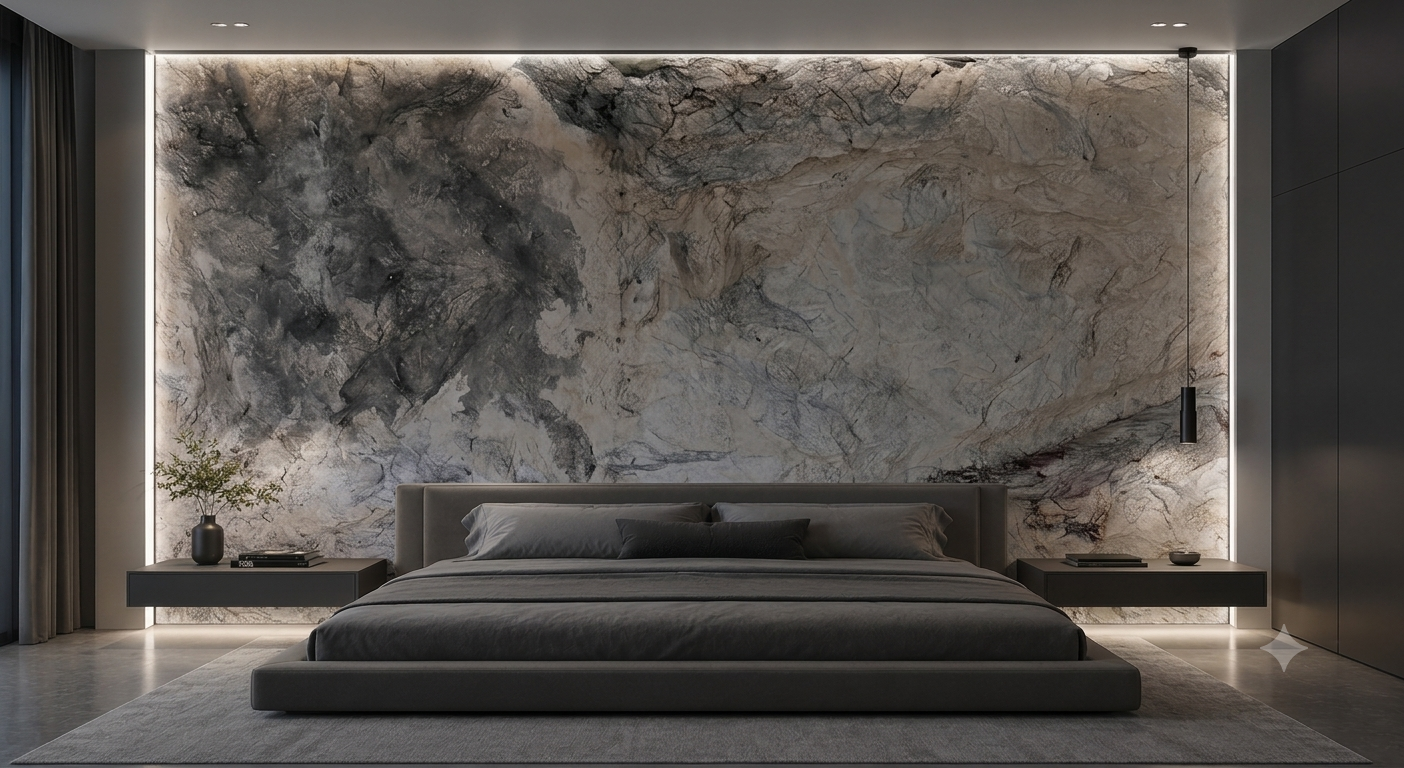 Muro decorativo interior de roca artificial con imitación de piedra natural – cabecero de dormitorio contemporáneo con iluminación indirecta