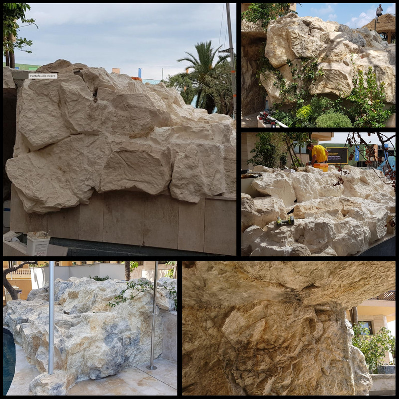 Revestimiento de muro de hormigón en rocas artificiales con cascada artificial – Mónaco